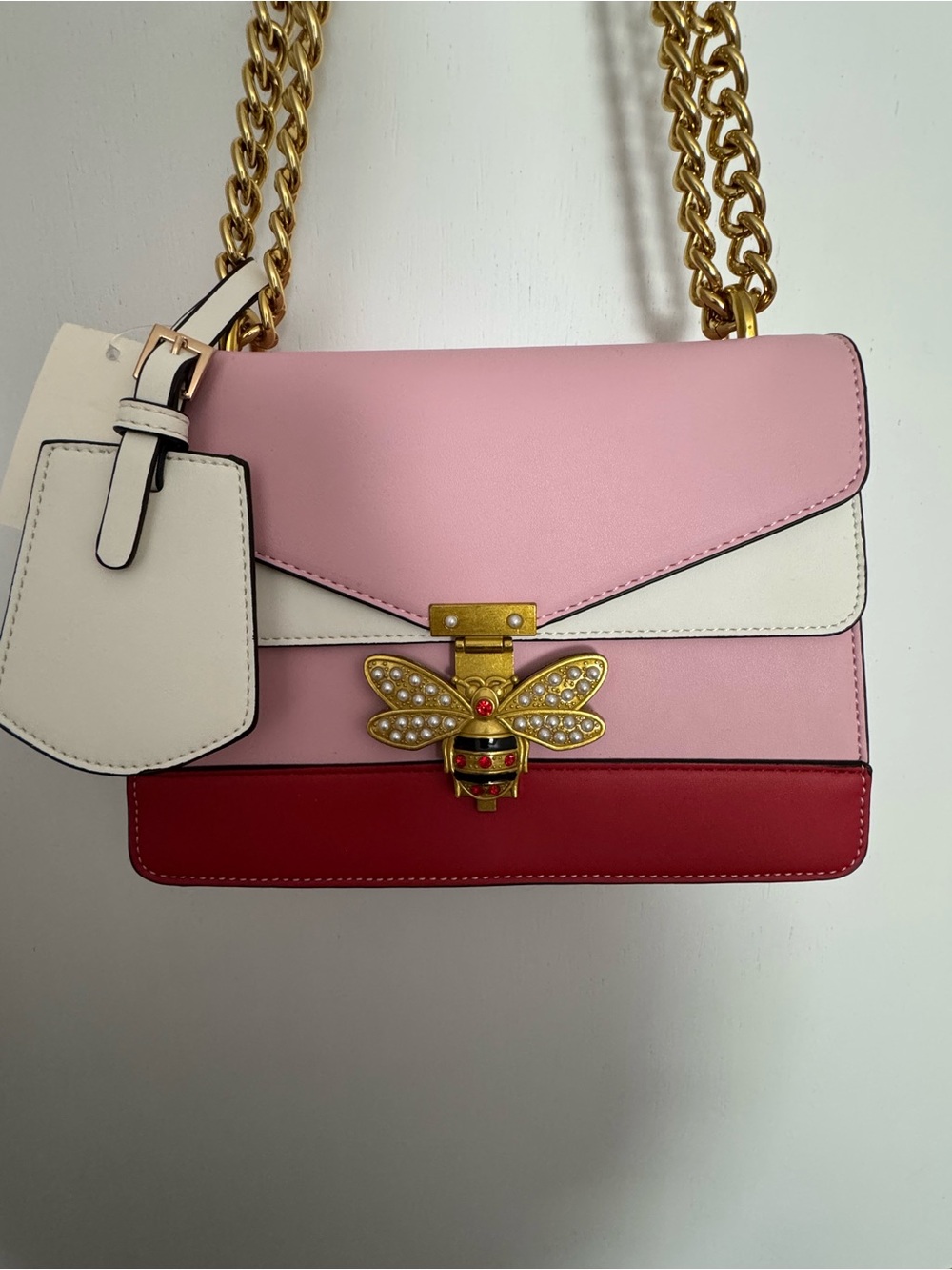 Pink, White & Red Shoulder Bag/cross body with Gold Bee Accent